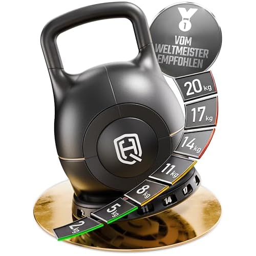 HQ Germany® Kettlebell Verstellbar [2-20KG] - Kettlebell Set von 2 bis 20kg für Home Gym Training - Kugelhantel mit schnell anpassbaren Gewicht - kein Abrutschen dank pulverbeschichtetem Griff