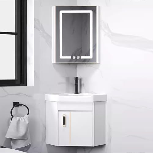 Modern Corner Bathroom Vanity with Ceramic Sink & Anti-Fog LED Mirror, Space-Saving Wall-Mounted Cabinet for Small Bathrooms, Stylish White Design (48cm/19)