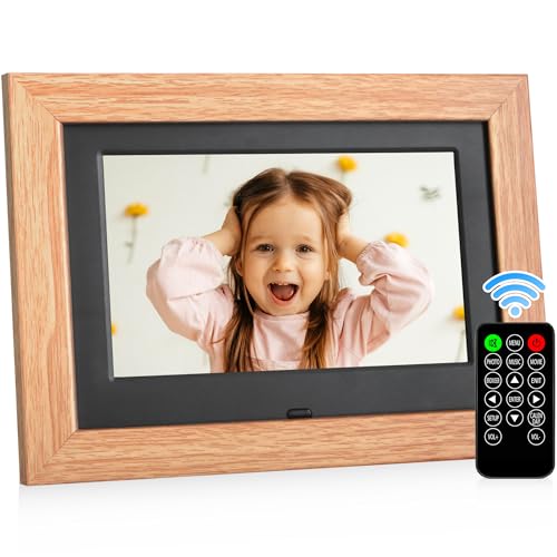 Cadre photo numérique de 7 pouces avec un écran IPS haute définition 1280 x 800, fonctionnement à distance, pas de WiFi, USB ou carte SD pour photos, musique, vidéos, et affichage du calendrier. Jaune
