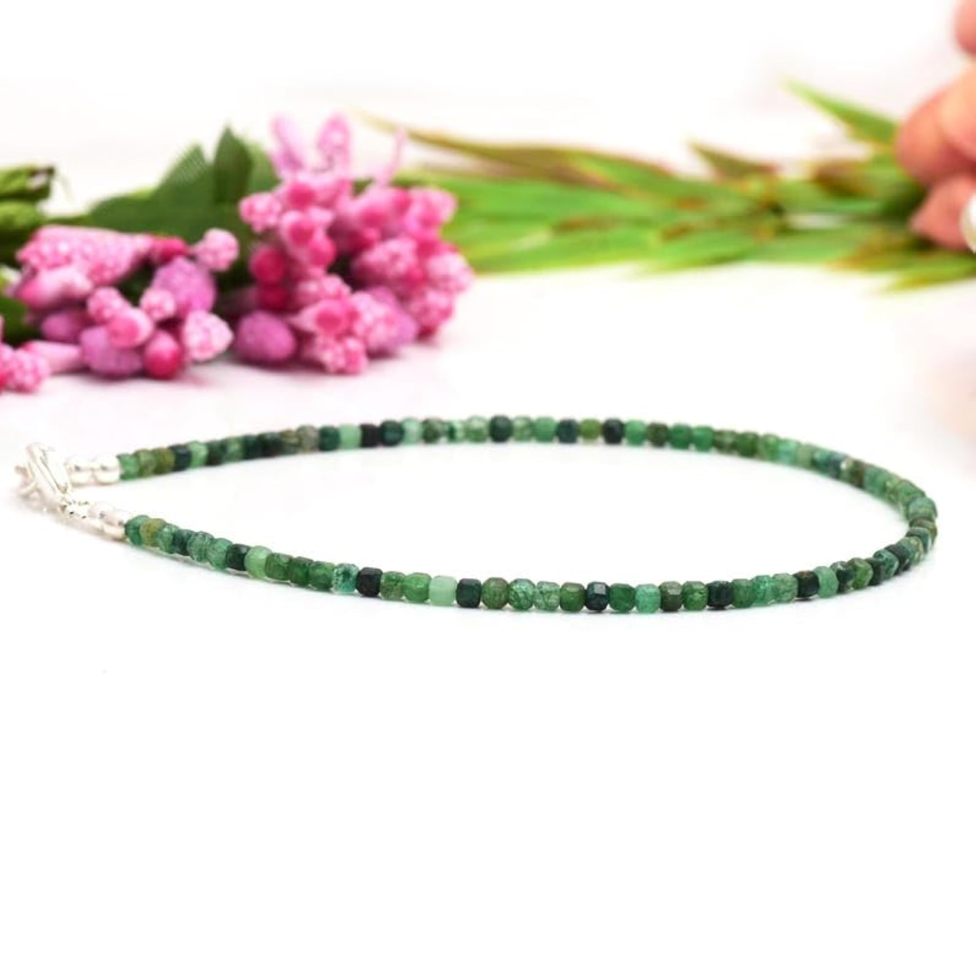 Emerald Round Beaded Bracelet with Blue Stones, Adjustable