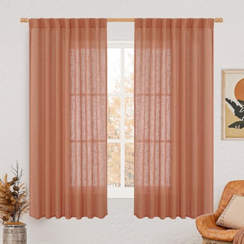 LAMIT Light Filtering Linen Curtains 63 inches Long for Bedroom, Linen Textured Semi Sheer Back Tab and Rod Pocket Terracotta Boho Drapes for Living Room, 2 Panels, 60 x 63 Inch