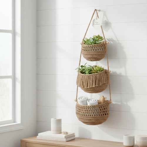 Cesta colgante de 3 niveles para organizar frutas y verduras frescas en la pared de tu cocina 3