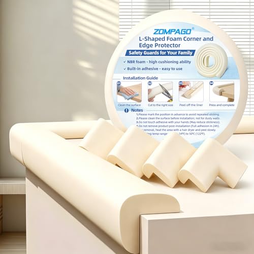 Image of ZOMPAGO Baby Edge Protector 1 Roll (6.56FT) & 4 Corner Guards - White Foam Furniture Corner Protectors - Baby Proof Corners and Edges for Table, Wall, Bed Frame - Baby Proofing Safety Bumpers