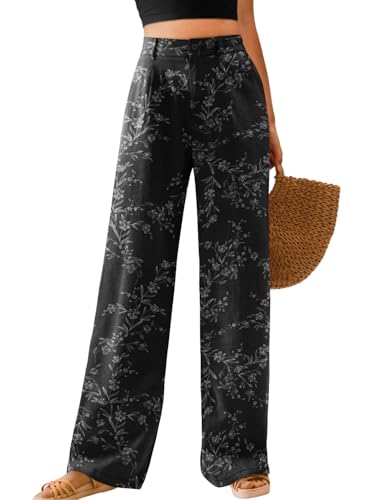 Image of Feiersi Womens Casual Wide Leg Pants High Waisted Button Down Straight Long Trousers Palazzo Pants