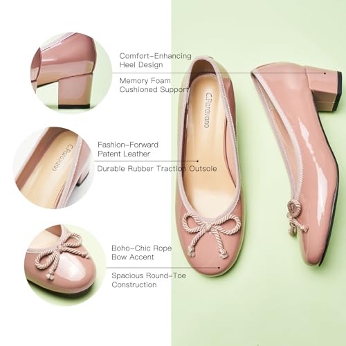C.Paravano Women's Classic Bow Ballet Pumps: Chunky Block Heel & Round Toe for Business Casual, Work & Everyday Comfort4