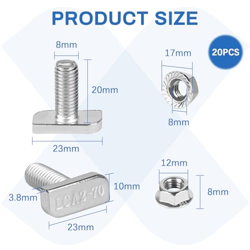 EXLECO Pack of 20 Hammer Head Screws M8 x 20 Stainless Steel Hammer Head Screw with Plastic Box Stainless Steel Screw Attachment with Flange Nuts for Greenhouse Aluminium Profile Rails PV Rail with 8 - Image 2