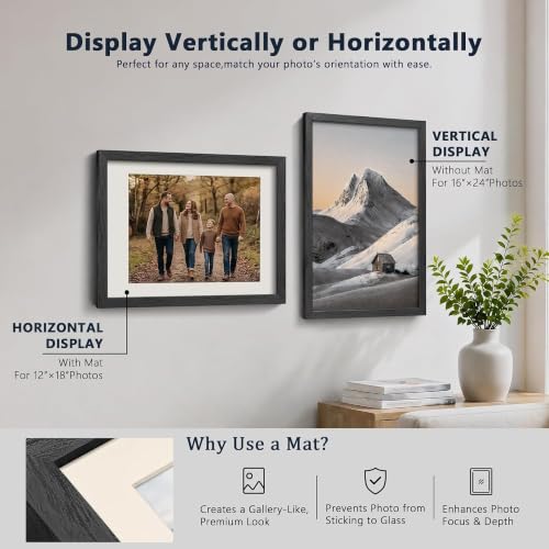 Image of VCK 16x24 Picture Frame 5 Pack, Black Exclusive Wood 12x18 Mat, for Artwork