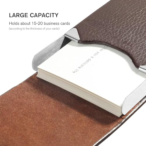 Image of ZIBUYU Business Card Holder Metal Visiting Card Case Classy Card Holder for Women & Men PU Leather Wallet Card Case with Metal Magnetic Clasp, 20 Cards (6x9.5cm) - Coffee Brown