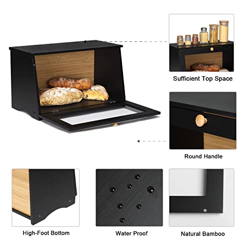 Homekoko Wood Bread Box For Kitchen Counter, Single Layer Bamboo Large Capacity Food Storage Bin (Black) #TOP2