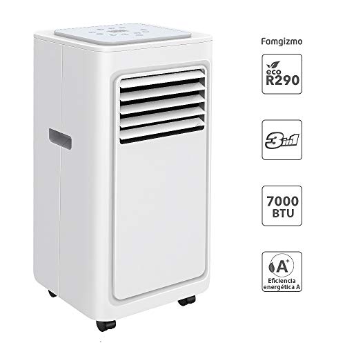 Famgizmo | 3 en 1 LED Aire Acondicionado Móvil Aire Acondicionado Frío Deshumidificador Aire Ventilador | 7000 BTU | 2 Niveles de ventilación | Temporizador | Modo de suspensión| EEK: A | R290