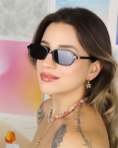 نظارات شمسية ريترو للنساء والرجال، نظارات شمسية بتصميم مستوحى من التسعينيات من ازوني بتصميم صغير مستطيل لطيف وانيق، عبوة من قطعتين (اسود + بني)