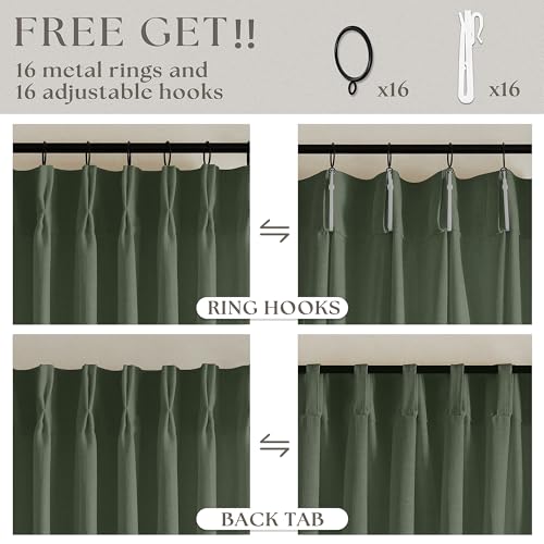 Image of TWODRAPES Olive Green Pinch Pleated Linen Curtains 92 Inches Long 2 Panels for Living Room Bedroom Semi Sheer Pinch Pleat Drapes with Hooks Rings Boho Farmhouse Light Filtering Window Curtain 40x92