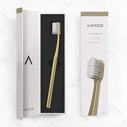 AUREZZI 24k Gold-Plated Luxury Toothbrush 5000+ White Quality Bristles - Developed by Dentists - Superior Plaque Removal - Perfect Cleaning Angle (White Soft)