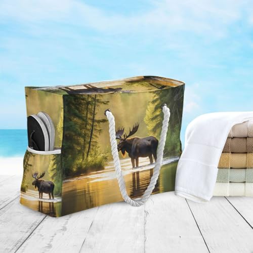 Elk Sunlight Water Beach Bag for Women Large Beach Tote Bag with Zipper for Travel Vacation4