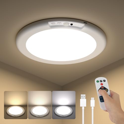 Kambo LED Plafoniera Sensore di Movimento 3000K 4500K 6000K, Lampade Senza Fili con Batterie USB, Luce Rotonda Soffitto Interno con Telecomando per Cucina Garage Esterno Corridoio Parete
