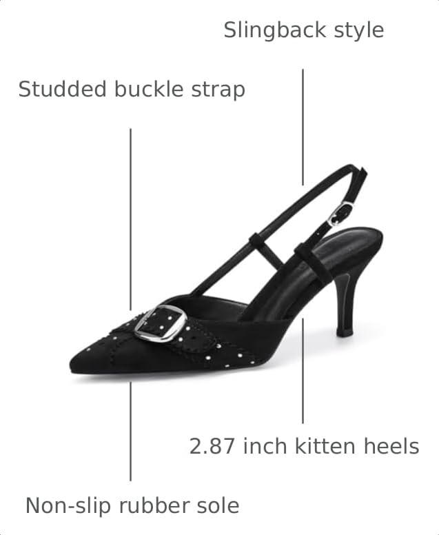 Image of Coutgo Womens Slingback Kitten Heels Studded Closed Pointed Toe Pumps with Buckle Party Dress Shoes