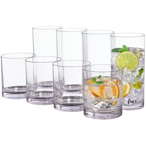 US Acrylic Classic Clear Plastic Reusable Drinking Glasses (Set of 8) 12oz Rocks & 16oz Water Cups | BPA-Free Tumblers, Made in USA | Top-Rack Dishwasher Safe Cover