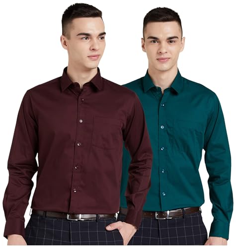 Image of Amazon Brand - Symbol Men's Solid Cotton Formal Shirt | Plain | Full Sleeve - Regular Fit (Available in Plus Size) (Wine + Bottle Green 42) (Combo Pack of 2)