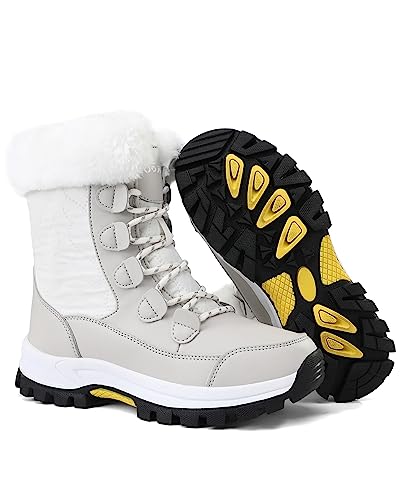 Coojoy Womens Winter Snow Boots Waterproof Shoes Tennis Walking Comfortable Hiking Booties Furry Mid Calf Warm Lightweight Beige,Us9 Eu41 thumb #3