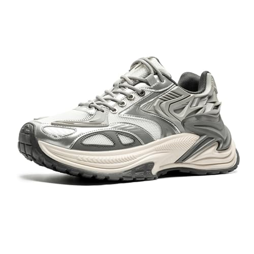 Men's Fashion Breathable Mesh Leather Lace Up Chunky Platform Sneakers Casual Non Slip Round Toe Driving Walking Tennis Running Dad Sneakers