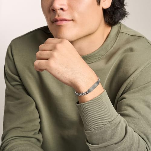 Image of Fossil Men's Plated Stainless Steel Engravable Personalized Gift ID, Chain or Cuff Bracelet for Men