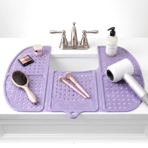 Sink Topper Bathroom Counter Cover & Storage Saver, Foldable Silicone Mat for Hot Tools, Hair Styling & Makeup, Beauty Brush Cleaning Mat, RV Camper Sink Cover & for Small Spaces (Large - Lavender)