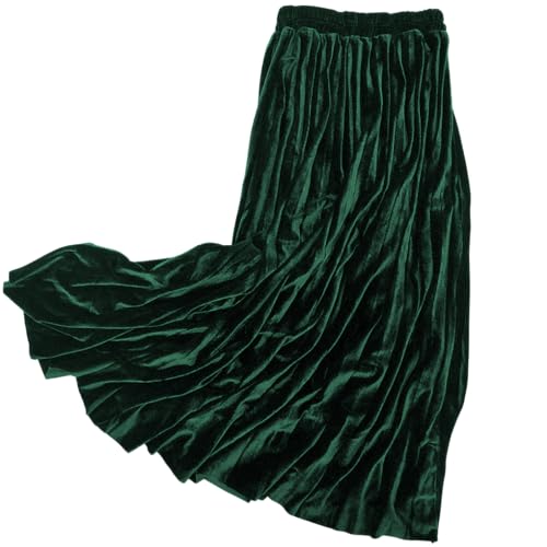 ebossy Womens Fall Winter High Wasit Ankle Length Velvet Maxi Long Pleated Skirt (L Dark Green)