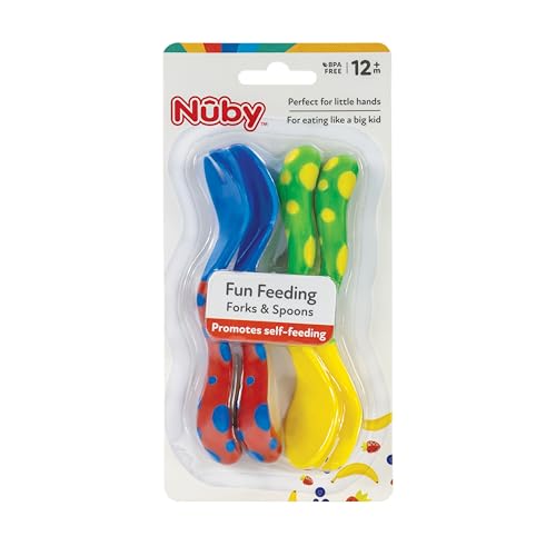 Nuby Toddler Spoons and Forks Set for Self-Feeding - 4 Pack - Toddler Utensils with Easy Grip Handles for Kids - Dishwasher Safe - 12+ Months - Red/Blue & Green/Yellow