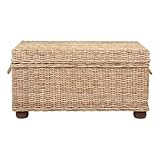 Pemberly Row Modern Kubu Wicker Rattan Storage Trunk, 37 in x 21.25 in x 19 in, Tan Finish, Handmade with Solid Mahogany Frame, Spacious Lift-Top Storage, Versatile Coffee Table for Living Room or