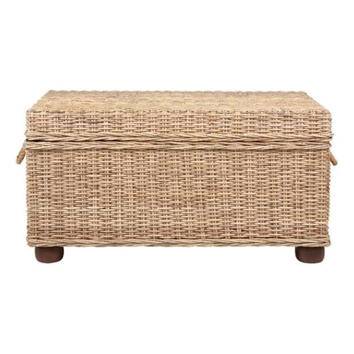 Pemberly Row Modern Kubu Wicker Rattan Storage Trunk, 37 in x 21.25 in x 19 in, Tan Finish, Handmade with Solid Mahogany Frame, Spacious Lift-Top Storage, Versatile Coffee Table for Living Room or