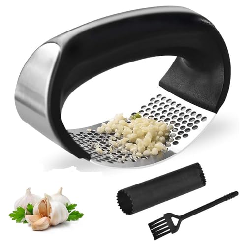 Garlic Press Garlic Crusher Kitchen Garlic Rocker 304 Stainless Steel Easy-Squeeze Tool with Garlic Peeler and Cleaning Brush for Smashing Garlic Easy to Use & Clean Kitchen Tool