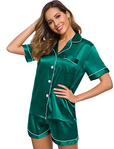 Image of SWOMOG Womens Silk Satin Pajamas Set Short Sleeve Sleepwear Button Down Top and Shorts Loungewear 2 Piece Pjs Set XS-3XL