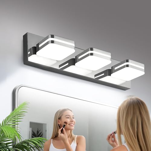 Image of Torondo 360 Rotate LED Bathroom Vanity Light Fixtures, Acrylic Vanity Lights for Bathroom, Modern Wall Lighting Fixtures Over Mirror Living, Chrome, Natural White, 3-Light, 17-Inch
