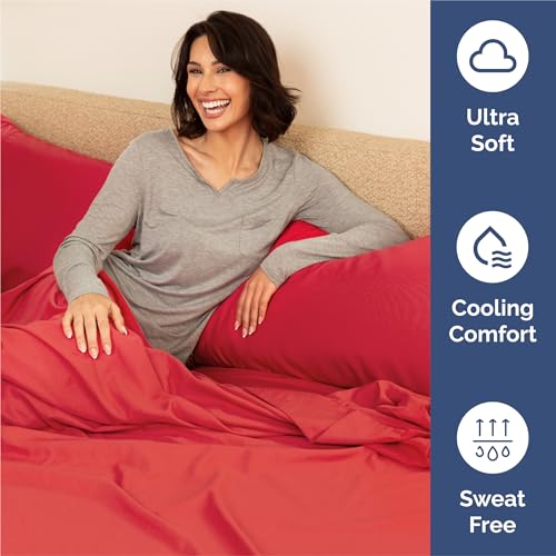 Image of Split King 7 Piece Bed Sheet Set - Comfy, Breathable & Cooling Sheets - Red | Ultra-Soft Hotel Luxury Bedding Set w / 8-16 Inch Deep Pockets, 1 Flat & 2 Fitted Sheet & 4 Pillowcases, Wrinkle & Fade Free