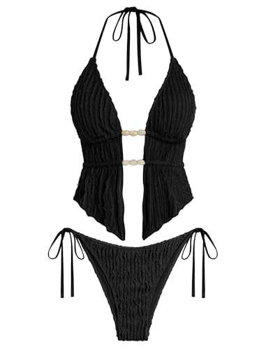 Image of ZAFUL Halter Swimsuits for Women Textured Backless 2 Piece Bathing Suits Cheeky High Cut String Tie Side Bikini Sets