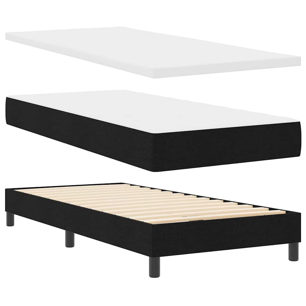Cama con somier con colchón negro, 90 x 190 cm, tejido de tela, cabecero regulable en altura, colchón de muelles ensacados, superficie de descanso de firmeza media, madera y madera de pino