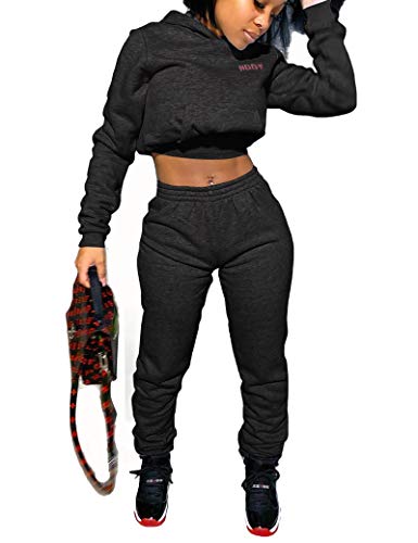 Casual 2 Piece Outfit for Women, Tracksuit Letter Print Long Sleeve Hooded Crop Sweatshirt Sweatpants Set Black M