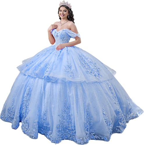 Lace Appliques Quinceanera Dresses Ruffled Ball Gown with Train Puffy Sweet 15 16 Dresses YU0234