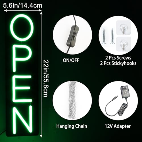 Image of Open Signs for Business 12V /2A Ultra Bright LED Neon Open Sign 22 Inch Lighted Open Sign Electric Light Up Open Sign for Business Storefront Window Glass Door Retail Shop Store Bar Salon Restaurant,vertical Green