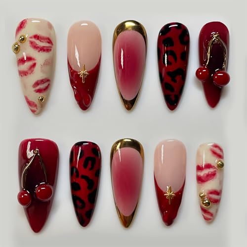 BABALAL Almond Nails Press on Medium Fake Nails Brown Red Nails Glue on Cheetah Acrylic Nails Y2k Fall Ombre Nails French Tip False Nails with Charm 24Pcs Stiletto Full Cover Nails for Women Girls