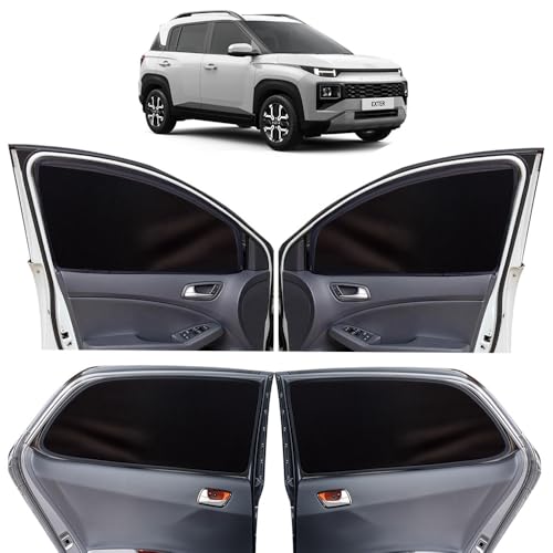 Image of OTO2EYE Car Sun Shade Compatible for Hyundai Exter Model 2023 to 2025, Z-Black Super Magnetic Grip, Front Window Zipper, Side Window Curtains, 4 Pieces Set