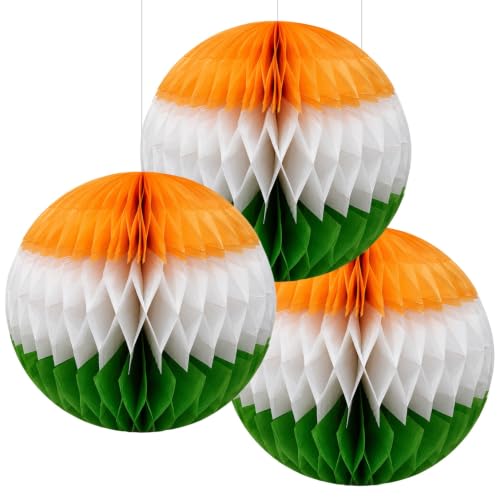 Image of Tricolor Honeycomb Paper Balls Decoration Set of 3 Hanging Paper Ball Decorations Reusable Hanging Decor for Independence Day, Republic Day, Home, Office, School & Party Decorations