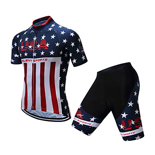 Men Cycling Jersey Short Sleeve Set USA Bike Shirt Reflective,Quick Dry+5D Padded Shorts S-3XL