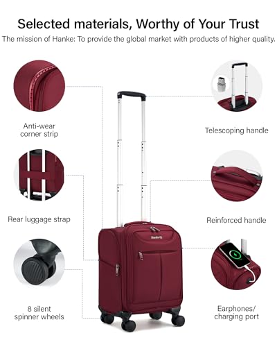 Image of Hanke 45CM Small Soft Shell Cabin Trolley Bags, 8 Silent Spinner Wheels,Charging Port, 8 Storage Compartments, Lightweight Compact Carry-On Luggage for Short Trips & Overnight Use,Burgundy