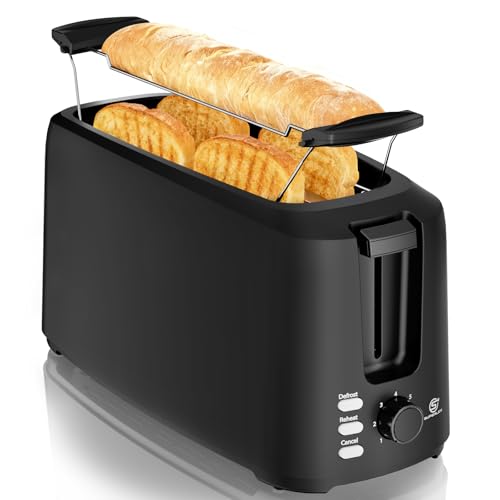 SUPERLEX Toaster Langschlitz Toaster 4 Scheiben 7 Bräunungsstufen Auftaufunktion Aufwärmfunktion Herausnehmbare Krümelschublade für Baguette und Brot 1450W Matt Schwarz