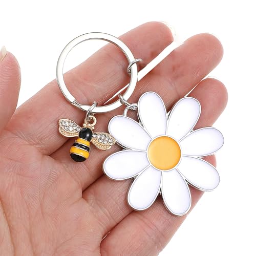 Image of Cute Bee Daisy Keychain, Key Chains for Women, Bag Charm Bee Keychain with Floral Design, Metal Keyrings for Keys and Bags, Personalized for Everyday Use, 10 cm x 5 cm