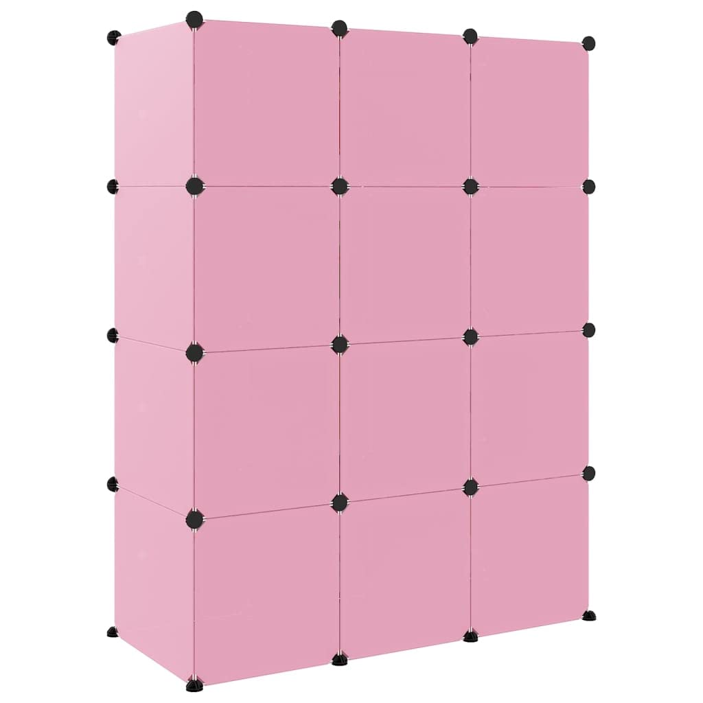 Armario infantil modular con 12 cubos, plástico PP rosa, marco de acero, 110 x 46,5 x 144 cm, apilable, ahorra espacio, con puertas y mucho espacio de almacenamiento para el orden en la