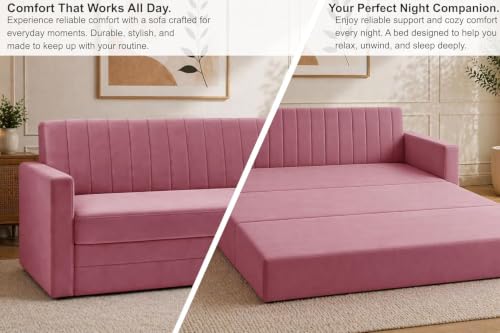 Image of Velvet Three-Seater Sofa Cum Bed with Armrest, Convertible Sleeper Couch Sofa for Living Room, Bedroom & Office- Rose Pink Color