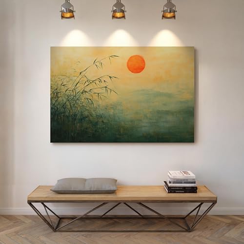 Impression nature asiatique coucher de soleil bambou tableau zen