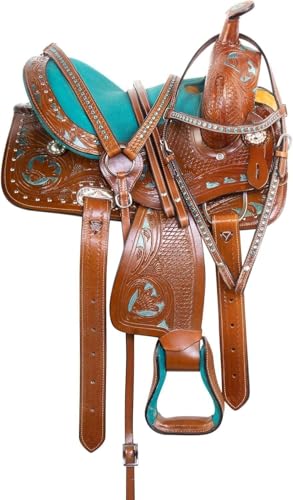 LEATHERRIDE Western Leather Barrel Saddle Floral Embossed Tooled Trail Rodeo Horse Saddle with Matching Headstall Reins and Breast Collar (15inch)